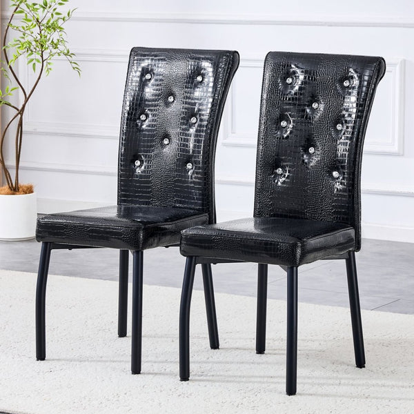 English Elm A Set of 2 Crystal Button Faux Leather Dining Chairs with Embossed Croc Texture Black W3226P340215