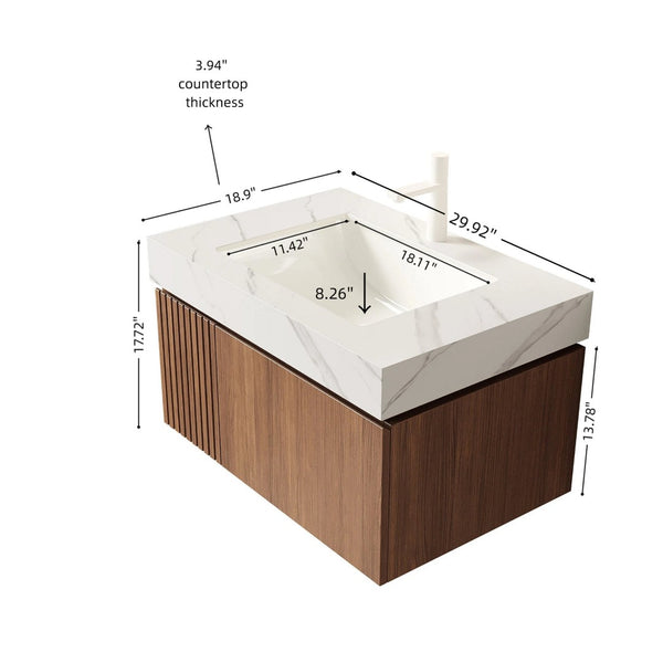 English Elm Muri Floating Bathroom Vanity Plywood Cabinet Sintered Stone Top Oak Woodgrain W2615S00619