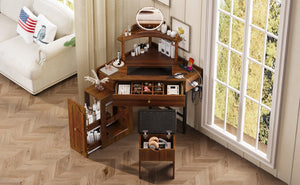 English Elm Corner Vanity Desk Set with Stool Charging Station Glass Top Pull-Out Cabinet Jewelry Organizer Walnut 35.82 L x 32 W x 8 H N733P336237D