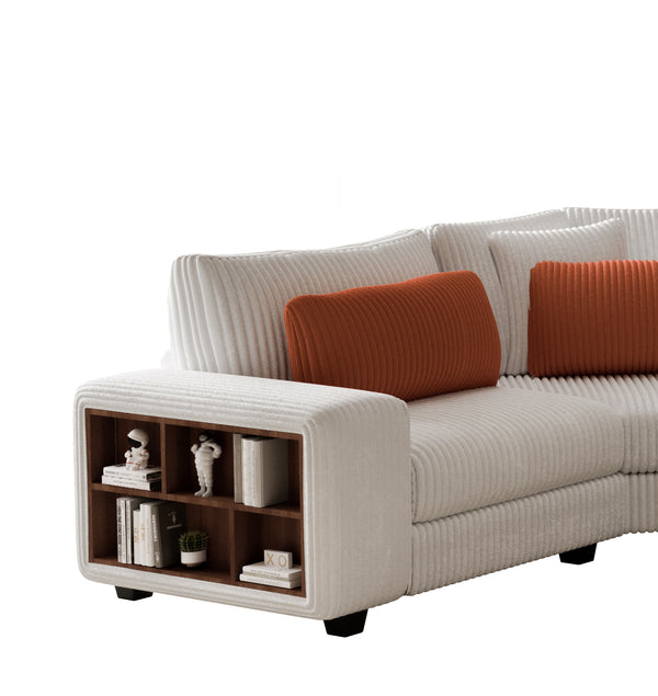 English Elm Modular Three-Seat Corner Sofa - Stylish Cream-Beige Design, Wooden Armrest Lockers & Comfort Focused W1793S00025