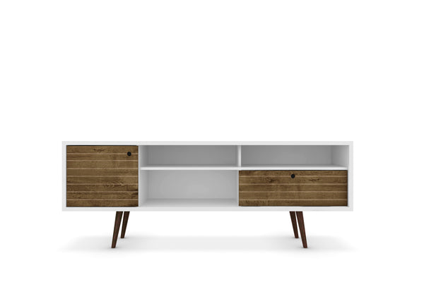 English Elm Liberty 71" TV Stand with Mid-Century Splayed Legs, Wire Management, Drawer & Cubby Storage Brown+White B365P398397