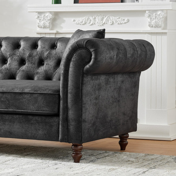 English Elm 83"Chesterfield Plush Tech Fabric Sofa with Roll Armrests, Mid-Century Upholstered 3-Seater Comfort Durable Frame Black W3373S00001