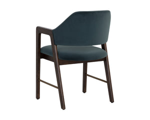 Sunpan Milton Dining Armchair - Chic Mid-Century Modern Design with Solid Rubberwood Frame & Brass Stretchers Smoke Acacia / Meg Dusty Teal