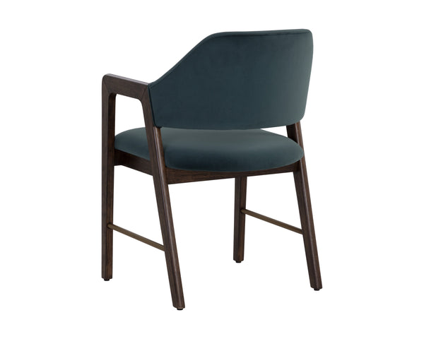 Sunpan Milton Dining Armchair - Chic Mid-Century Modern Design with Solid Rubberwood Frame & Brass Stretchers Smoke Acacia / Meg Dusty Teal