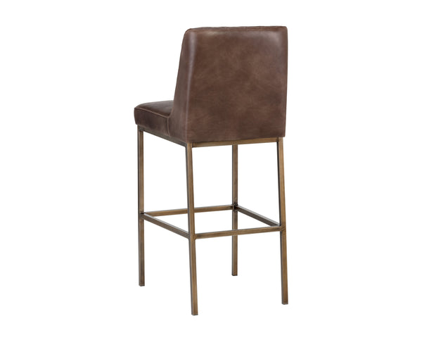 Sunpan Leighland Classic Barstool with Antique Brass Frame and Diamond-Stitched Faux Leather Upholstery Havana Dark Brown