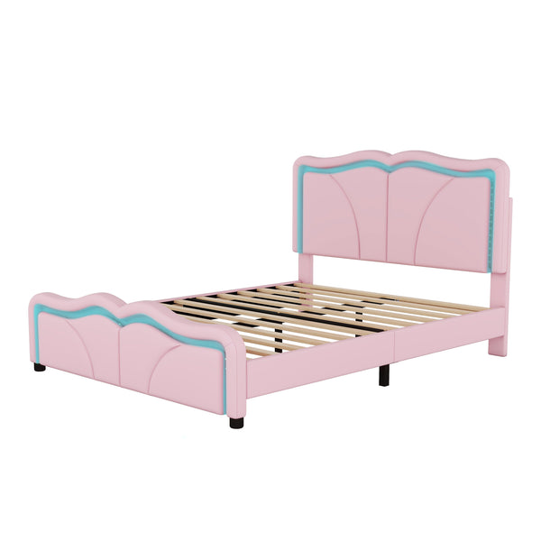 English Elm Full Full Size Upholstered Platform Bed in Pink with Curved Headboard, 3-Height Adjust, LED Strips, Sturdy Frame WF323749AAH