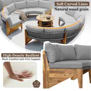English Elm U_style Circular Patio Sofa Set Pp Rope Woven Steel Frame Acacia Wood Resort Lounge Grey WY000468AAE
