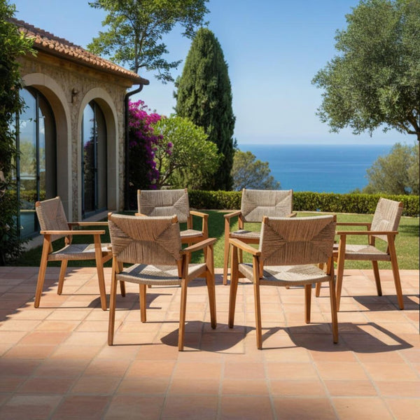 English Elm Durable Outdoor Dining Chairs Acacia Wood Handwoven Wicker Patio Set of Two Brown N770P345267D