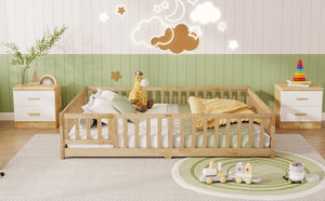 English Elm Queen Rubberwood Floor Bed with Perimeter Fence and Latch Door for Toddler Safety W504P370525
