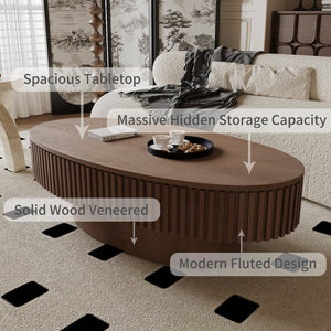 English Elm 47'' Oval Storage Coffee Table Fluted Wood Veneer Lift Lid Sculptural Living Room Accent Walnut W1435P293223