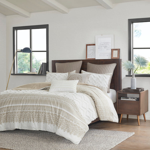 English Elm Full/Queen Mila 3 Piece Cotton Duvet Cover Set with Taupe Botanic Print, Chenille Chevron Tufting, OEKO-TEX Certified B035129140