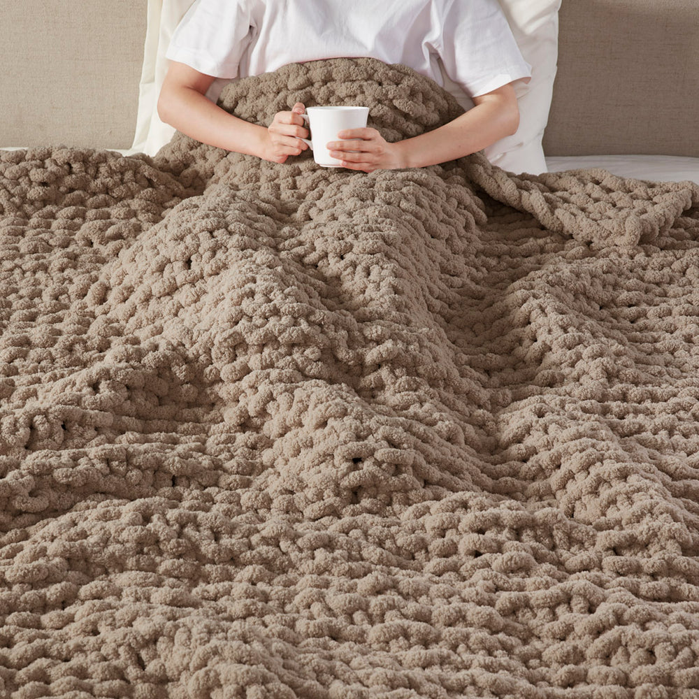 JLA Home Madison Park - Throw Handcrafted Chenille Chunky Knit Blanket, OEKO-TEX Certified Cozy Accent for Sofa or Bed Brown MP50-8236