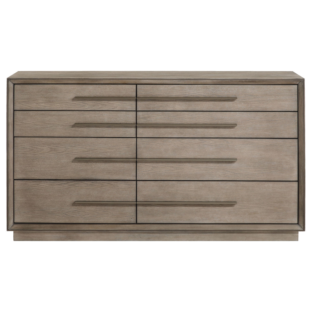 English Elm Prescott Transitional Taupe Oak 8-Drawer Dresser with Asymmetric Centerline, Extra-Long Bar Pulls B062P376000