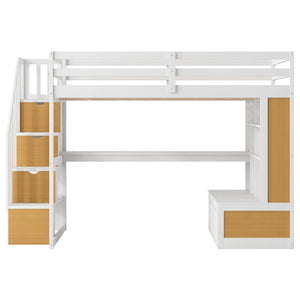 English Elm Full Full Size Loft Bed with Desk, Shelves, Two Drawers and Storage Staircase in Warm Wood Finish Natural+White GX000397AAD