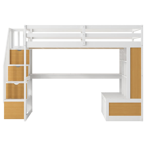 English Elm Full Full Size Loft Bed with Desk, Shelves, Two Drawers and Storage Staircase in Warm Wood Finish Natural+White GX000397AAD