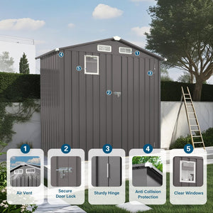English Elm 6x Galvanized Steel Outdoor Storage Shed with Peaked Roof Skylight and Lockable Door W3213P309350