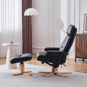 English Elm Black Pu Leather Swivel Accent Chair with Ottoman Heated Massage Wood Base Lounge W3248P465018