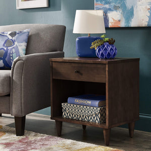 Aleph Rubberwood Nightstand with Drawer Open Cubby Tapered Legs Warm Brown