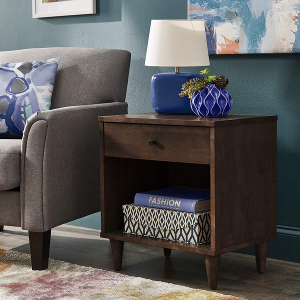 Aleph Rubberwood Nightstand with Drawer Open Cubby Tapered Legs Warm Brown
