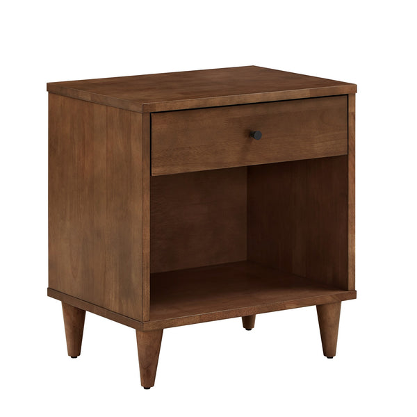Aleph Rubberwood Nightstand with Drawer Open Cubby Tapered Legs Warm Brown