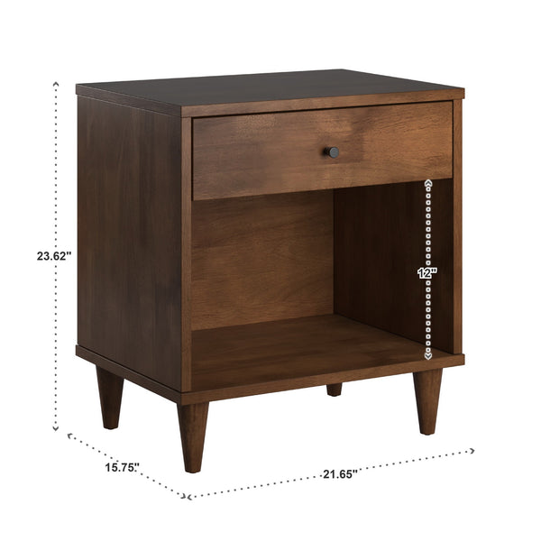 Aleph Rubberwood Nightstand with Drawer Open Cubby Tapered Legs Warm Brown