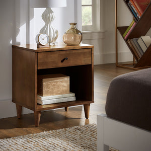 Aleph Rubberwood Nightstand with Drawer Open Cubby Tapered Legs Warm Brown