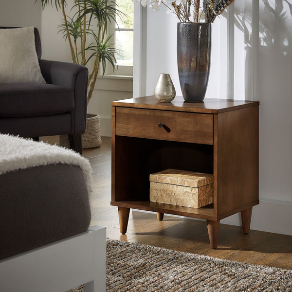 Aleph Rubberwood Nightstand with Drawer Open Cubby Tapered Legs Warm Brown