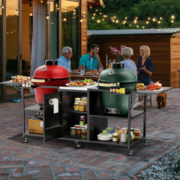 English Elm Outdoor Dual Kamado Grill Cart with Stainless Steel Top Iron Frame and Storage Cabinet W3190P328545