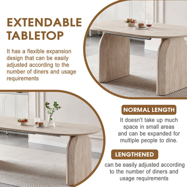 English Elm Wood Extendable Dining Table - Modern Oval MDF Top with Dual Pillar Legs, Space-Saving, Durable Versatile Gatherings and Home Office Use W3590S00002