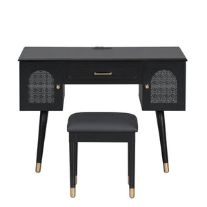 English Elm Elegant Vanity Makeup Table with Charging Station & Carved Glass Door, Sturdy Stool Included Black N844P285188B