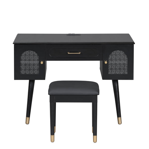 English Elm Elegant Vanity Makeup Table with Charging Station & Carved Glass Door, Sturdy Stool Included Black N844P285188B