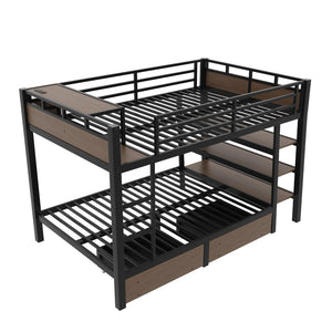 English Elm Full Size Metal Loft Bed with Stair Storage Shelves Bookshelf for Dorms Bedroom W1580S00347