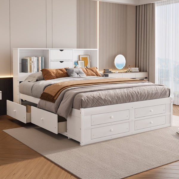 English Elm King Platform Bed with 8 Drawers Open Headboard Compartments and Pine Wood Frame White GX000454AAK-1
