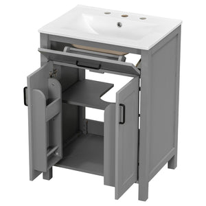 English Elm Modern 48 Inch Freestanding Bathroom Vanity Dual Ceramic Sinks Soft Close Gold Handles Grey N729P000008E
