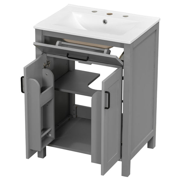 English Elm Modern 48 Inch Freestanding Bathroom Vanity Dual Ceramic Sinks Soft Close Gold Handles Grey N729P000008E