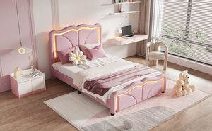 English Elm Twin Upholstered Platform Bed with Curved Headboard, Adjustable Heights, Sturdy Pine Frame, LED Accent Lights Pink WF323748AAH