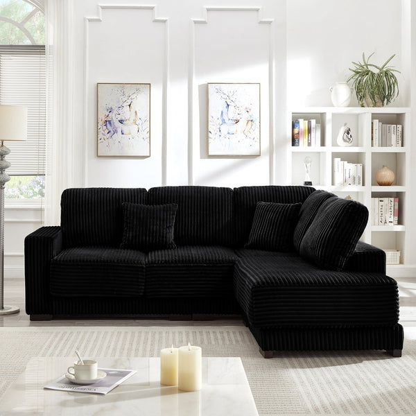 English Elm 93" Sectional Sofa L-Shaped Upholstered Corduroy 3-Seater with Reversible Chaise, Solid Wood Frame, Plush Coil-Foam Cushions Black W1097S00223