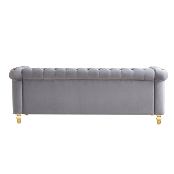 English Elm Chesterfield 84.65" Rolled Arm Velvet Sofa Light Grey with Gold Trim, Deep Tufting & Plush Seats W579P326878
