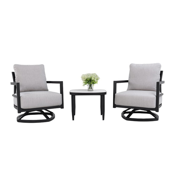 English Elm 3pc Outdoor Aluminum Swivel Lounge Set Sunbrella Cushions Sintered Stone Side Table W1886S00039