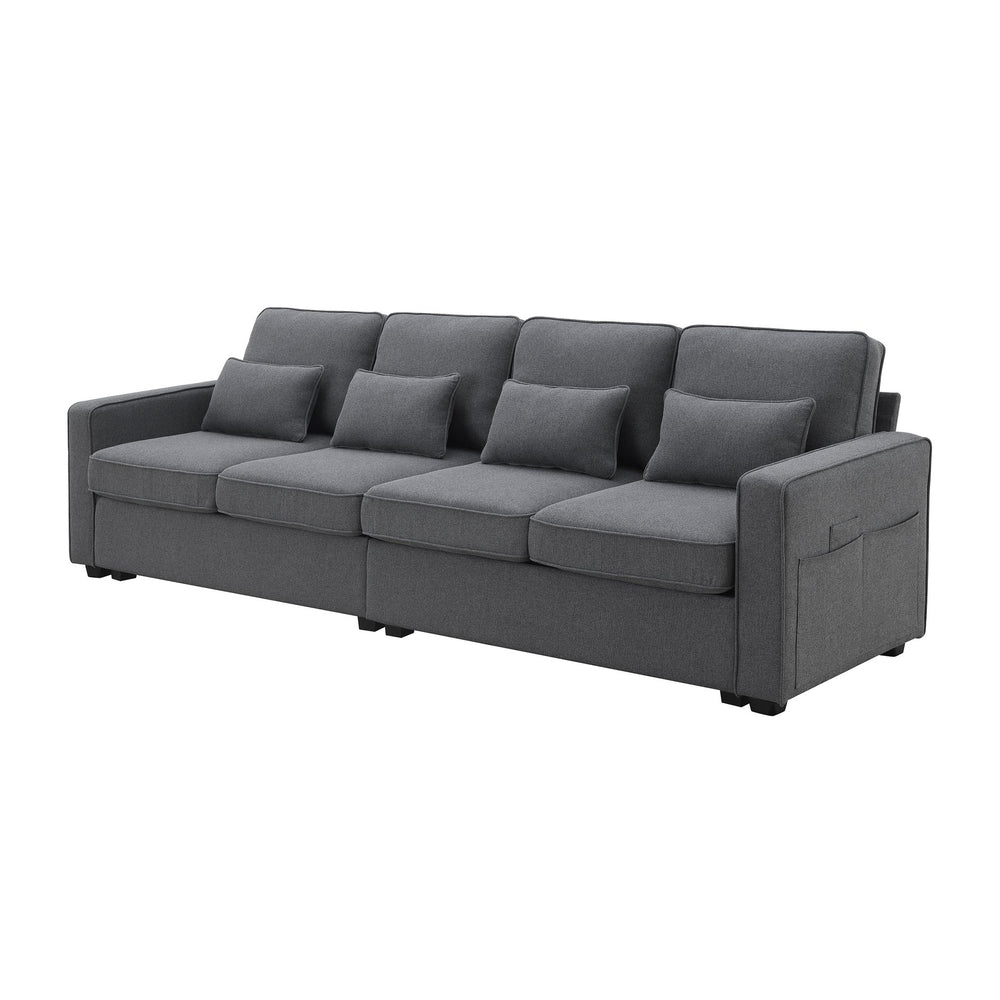 English Elm 104" 4-Seater Modern Linen Sofa with Armrest Pockets, Deep Seat Comfort, Removable Cushions, 4 Pillows DARK GREY GS008086AAR