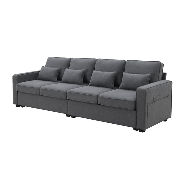 English Elm 104" 4-Seater Modern Linen Sofa with Armrest Pockets, Deep Seat Comfort, Removable Cushions, 4 Pillows DARK GREY GS008086AAR