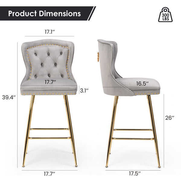 English Elm Bar Stools Set Of 2 - Luxurious Gray Velvet Wingback Chairs With Nailhead Trim For Modern Spaces T3623P363073