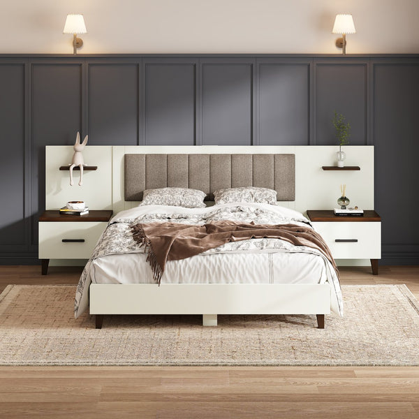 English Elm Christopher Knight Home® - Queen Upholstered Bed Frame with 2 Nightstands, 108" Headboard, Floating Shelves, White Brown Finish N758Q080001W