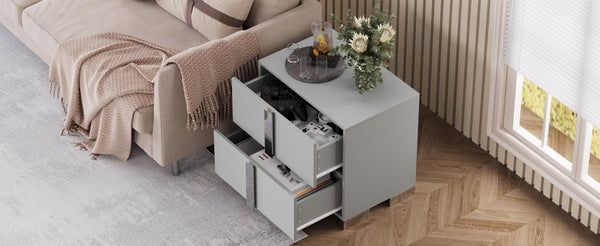 English Elm Modern Two Drawer Nightstand with Slim Metal Legs and Mirrored Bar Handles for Bedroom Grey W5271P416539