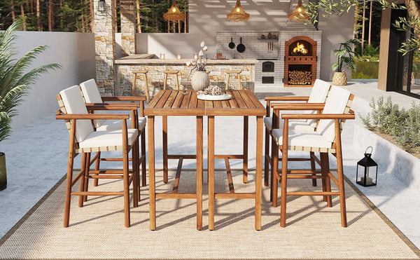 English Elm 6 Piece Acacia Wood Outdoor Bar Set with Cushioned Stools for Patio Poolside Dining N704G201254A