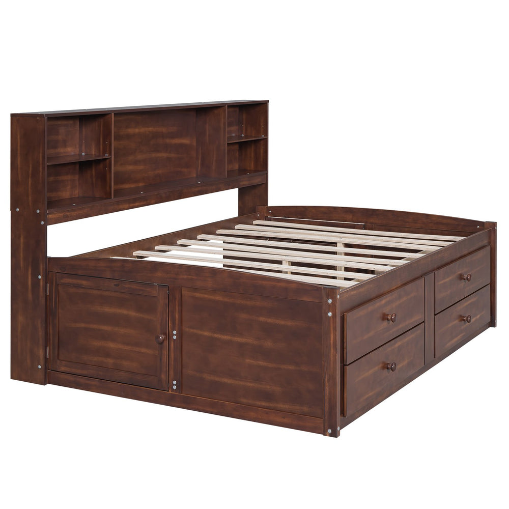 English Elm Full Full Size Wooden Captain Bed with Bookcase Headboard, 4 Drawers, 2 Cabinets, Antique Brown Storage Elegance GX001037AAD