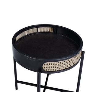 English Elm Round Retro Round End Table with Open Top, Wood Texture & Mesh Border, Black Metal Legs for Stylish Storage B016P323428