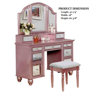 English Elm Transitional Glam Mirrored Vanity with Padded Stool, Spacious Drawers, Central Mirror for Prep and Storage Rose Gold 51 L x 21 W x 30 H B2741P400805