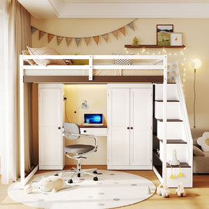 English Elm Full Size Teen Loft Bed with Wardrobe Staircase Storage Dressing Table and Led Lights LT000276AAP