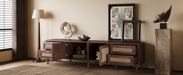 English Elm 78 Inch Rattan Media Console with Pine Legs Four Drawers Modern Living Room Tv Stand N710P365048P